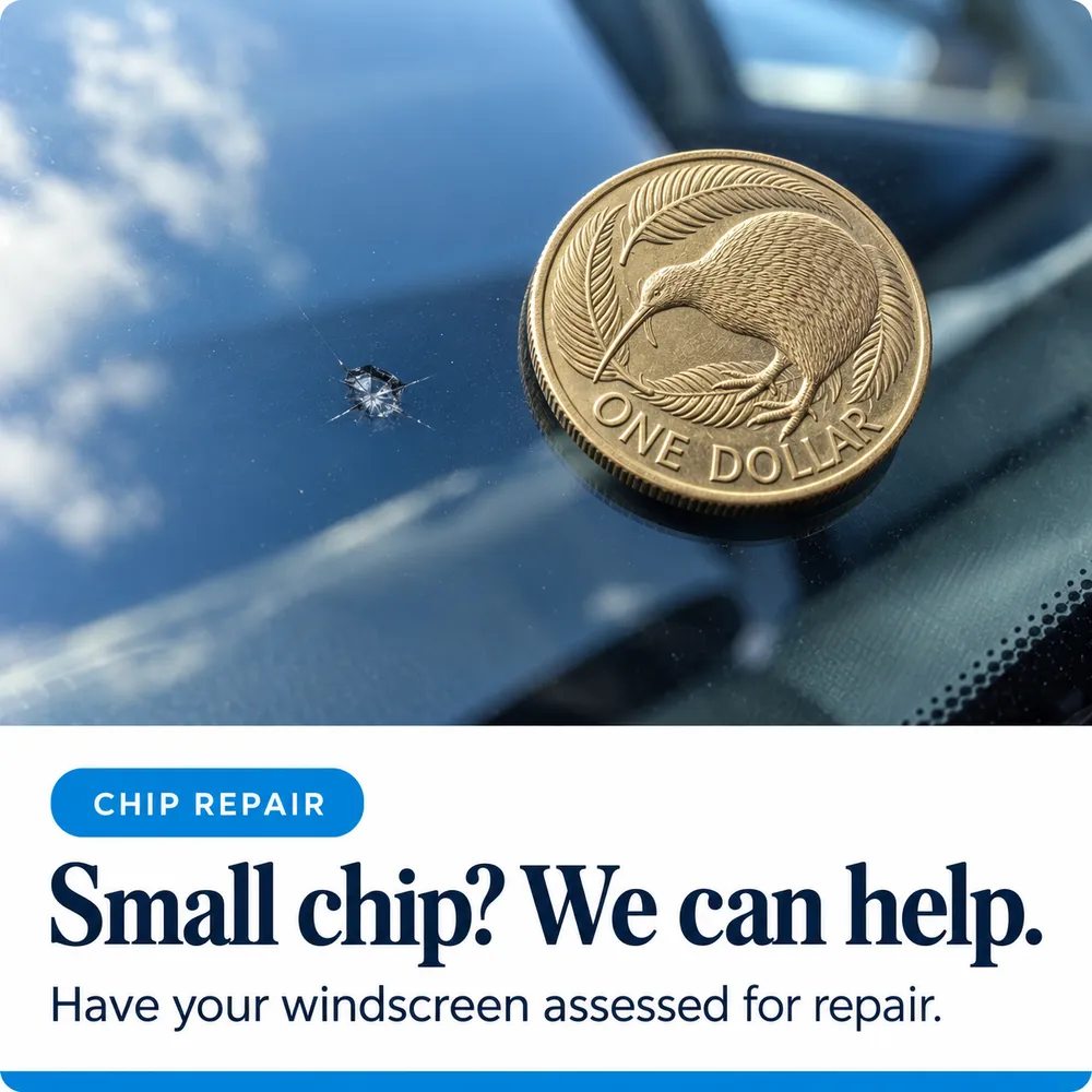 Small stone chip on a windscreen next to a NZ one dollar coin