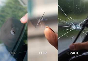 Chip, crack and impact damage types on commercial vehicle glass